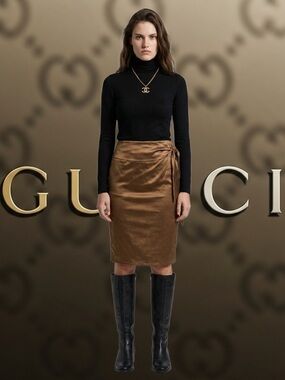 Gucci Brown Satin Wrap Pencil Skirt with Side Tie